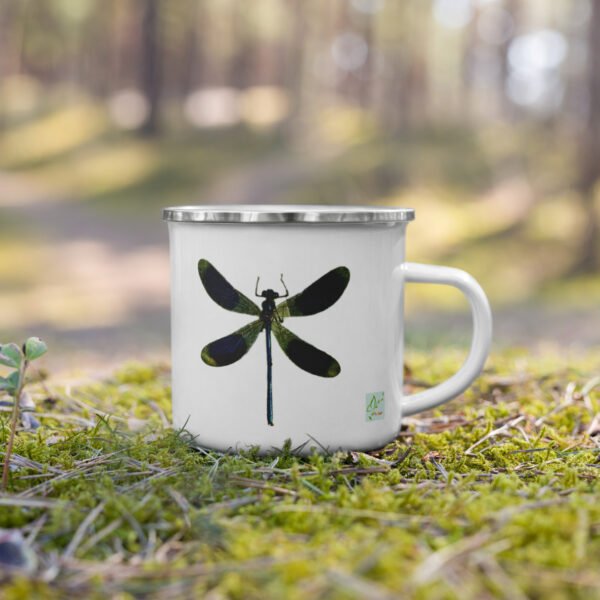 Taza esmaltada blanca, libélula Taza esmaltada blanca con estampado de libélula, diseño elegante y natural para un toque especial en cada bebida
