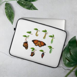 Funda para laptop 15", estampado de ciclo de mariposa monarca, color blanco