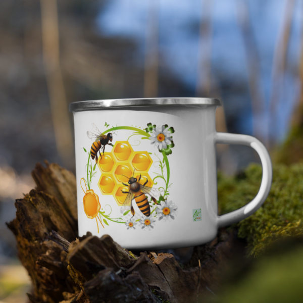 Taza esmaltada vista frontal abejas Taza esmaltada vista frontal sublimada abejas