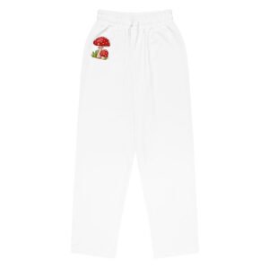 all-over-print-unisex-wide-leg-joggers-white-front-697d54144cd6b.jpg pantalon deportivo holgado en color blanco con estamado de hongo amanita color rojo