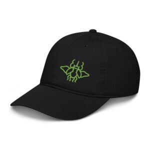 Gorra en color negro y beige, de algodón orgánico, boradada de insecto en color verde,
