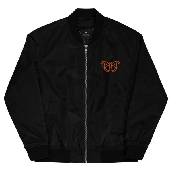 Chamarra bomber color negro Chamarra bomber reciclada premium color negro, bordado mariposa