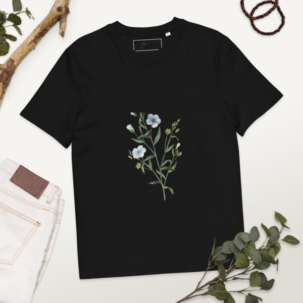 unisex-organic-cotton-t-shirt-black-front-67fdc9cae0121.jpg Playera Estampada de Flores Azules