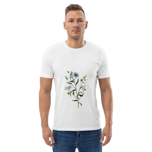 unisex-organic-cotton-t-shirt-white-front-2-67fdc9cad9aa7.jpg Playera Estampada de Flores Azules
