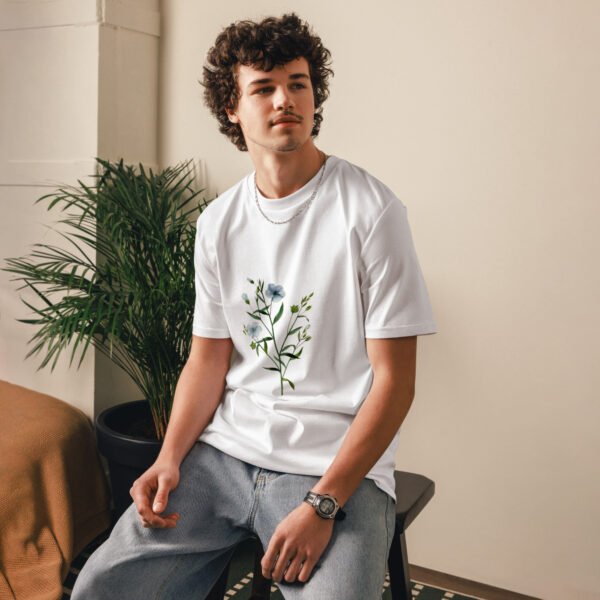 unisex-organic-cotton-t-shirt-white-front-67fdc9cad83bb.jpg Playera Estampada de Flores Azules