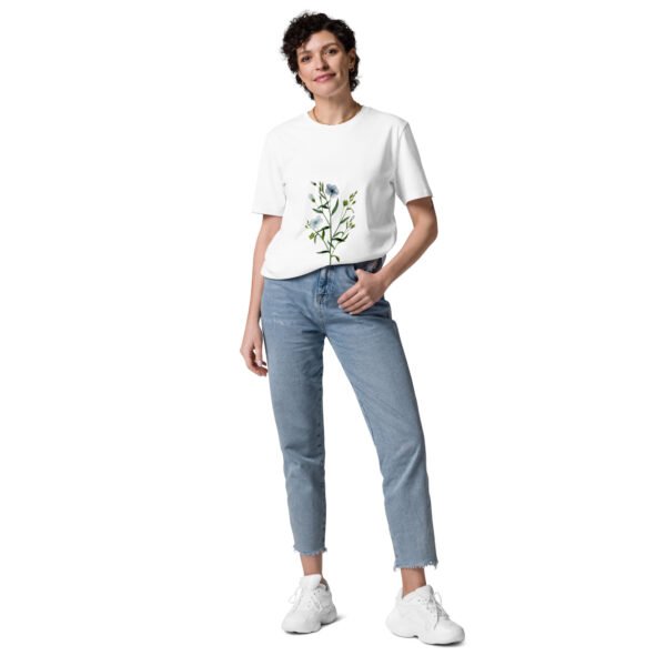 unisex-organic-cotton-t-shirt-white-front-67fdc9cadaeb5.jpg Playera Estampada de Flores Azules