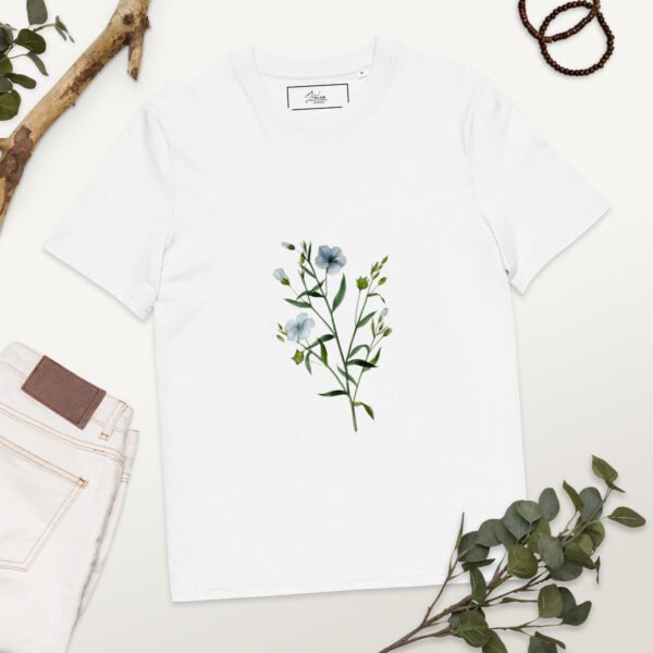 unisex-organic-cotton-t-shirt-white-front-67fdc9cae0d1d.jpg Playera Estampada de Flores Azules