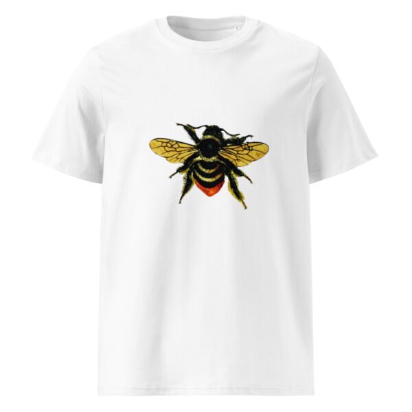 unisex-organic-cotton-t-shirt-white-front-67fdd14a7ae20.jpg Una playera de algodón orgánico con un diseño de abejorro