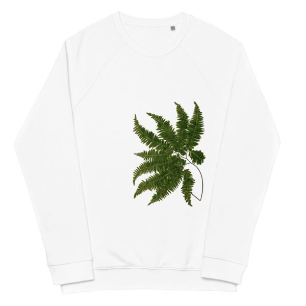 Sudadera orgánica unisex helecho sudadera orgánica unisex manga raglán, estampado de helecho color verde, sudadera color blanco