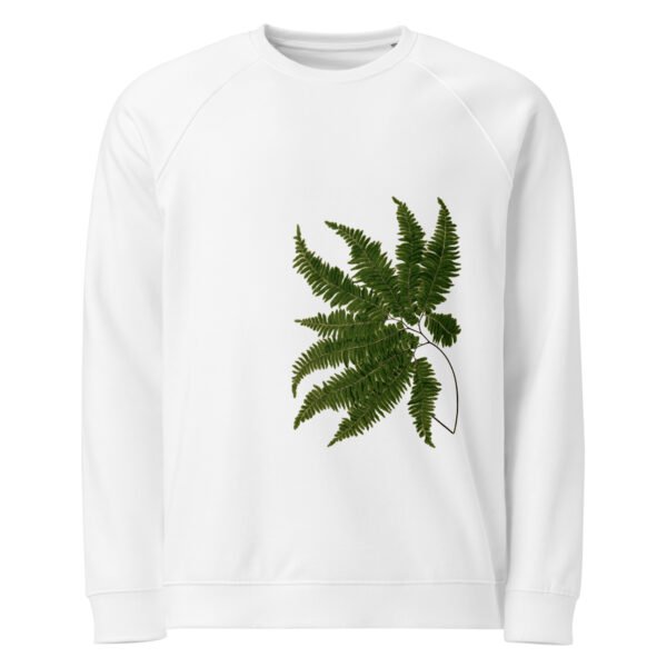Sudadera orgánica unisex helecho sudadera orgánica unisex manga raglán, estampado de helecho color verde, sudadera color blanco