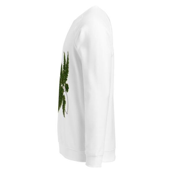 Sudadera orgánica raglan helecho Sudadera orgánica unisex de raglán, estampado de helecho color verde, sudadera de color blanco manga raglán