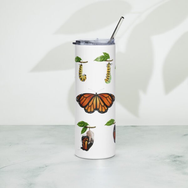 Vaso reutilizable blanco de acero inoxidable con ciclo de mariposa monarca