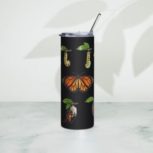 Vaso negro de acero inoxidable con mariposa monarca Vaso reutilizable negro de acero inoxidable con ciclo de mariposa monarca